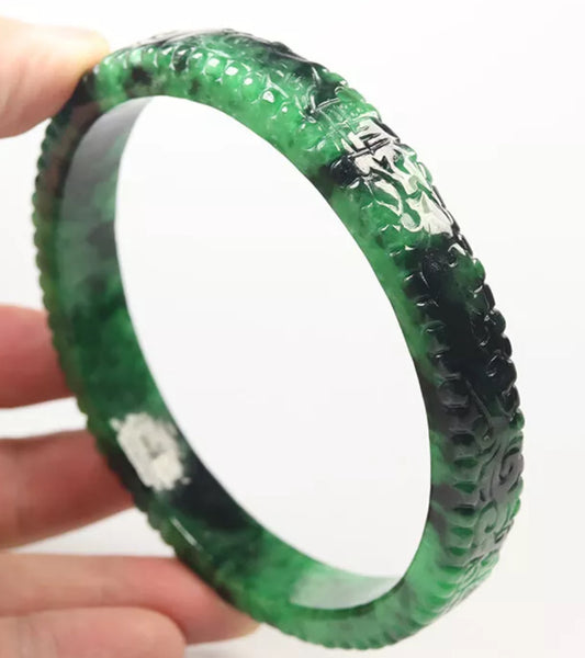 VINTAGE XXL Jadeite Green/Black Jade Bangle Size 82mm Handcarved Dragon Phoenix F451 - JazzyJewelbyAmina 