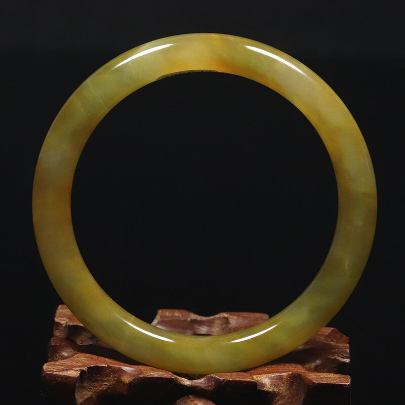 VINTAGE Large Jadeite Brown/Yellow Jade Bangle Round Princess Cut Size 62 mm J777