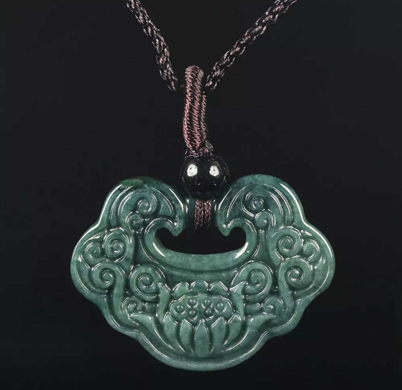 VINTAGE Jadeite Green Jade Pendant Hand Carved Lotus Flower w/ Threaded Chord M244 - JazzyJewelbyAmina 