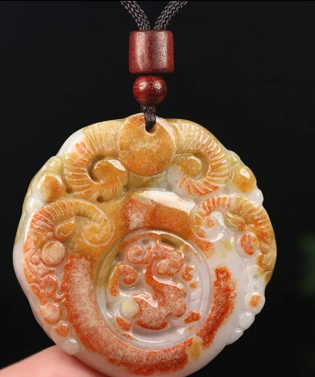 VINTAGE Red Brown Jadeite Green Jade Pendant Hand-carved Ox Dragon - Fine Unique Jade D883 - JazzyJewelbyAmina 