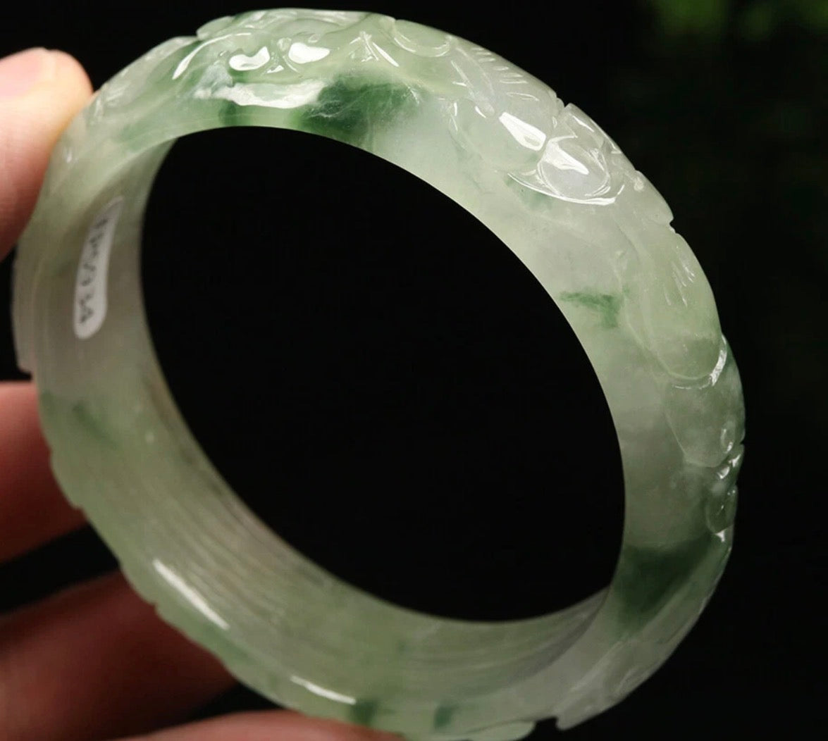 VINTAGE Jadeite Green/White Jade Bangle Hand-carved Flower Bat Butterfly Size 56 MM S921