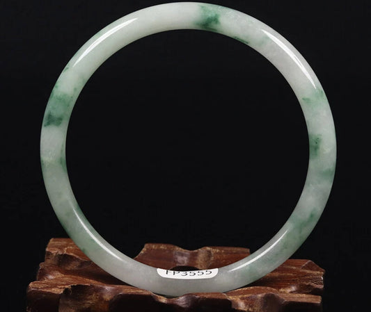 VINTAGE Medium Jadeite Green/White Jade Bangle Size 59 MM Marble Floating Flower Jade G163 - JazzyJewelbyAmina 