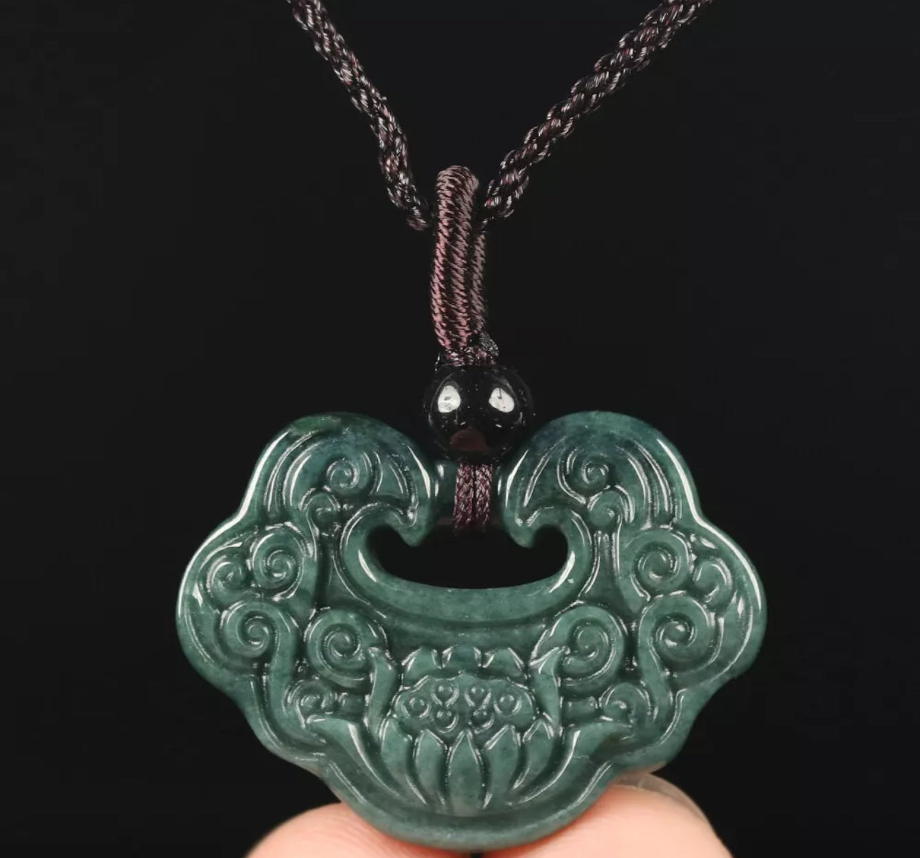 VINTAGE Jadeite Green Jade Pendant Hand Carved Lotus Flower w/ Threaded Chord M244 - JazzyJewelbyAmina 