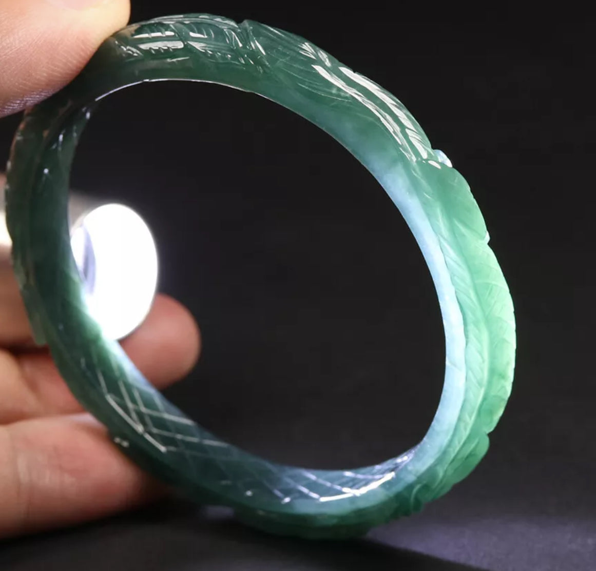 VINTAGE Large Certified Jadeite Green Jade Bangle Size 60mm HandCarved Dragone Phoenix Jade - Brings Harmony G819 - JazzyJewelbyAmina 