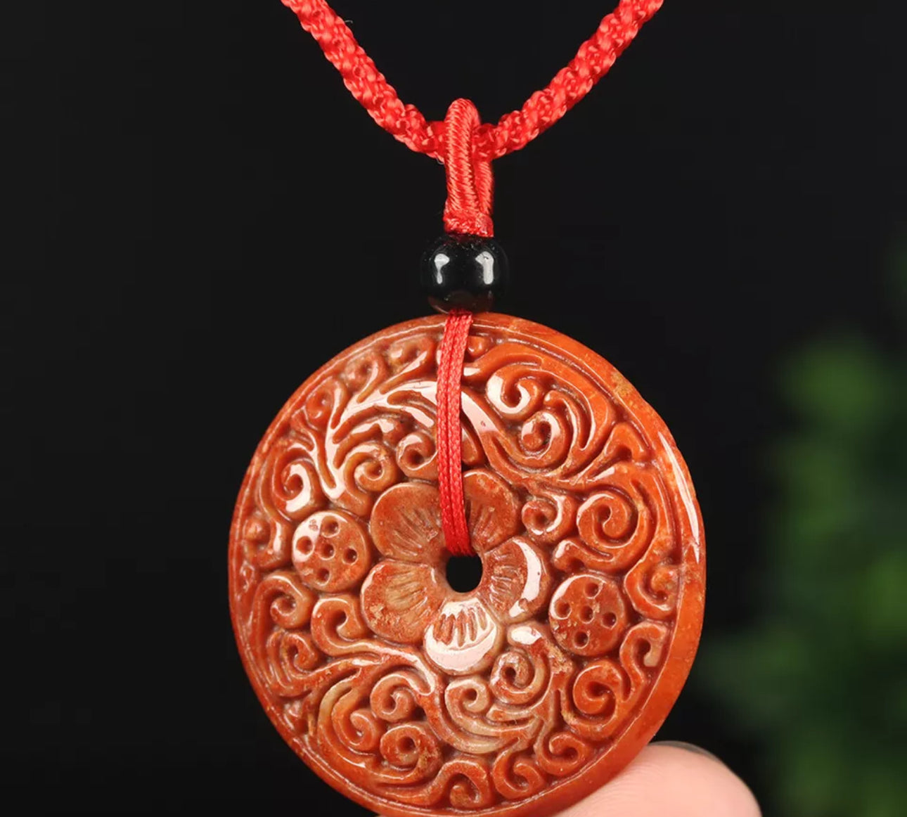 VINTAGE Jadeite Red/Brown Certified Jade Round Ruyi Flower Pendant w/ Adjustable Chord “As You Wish” J107 - JazzyJewelbyAmina 