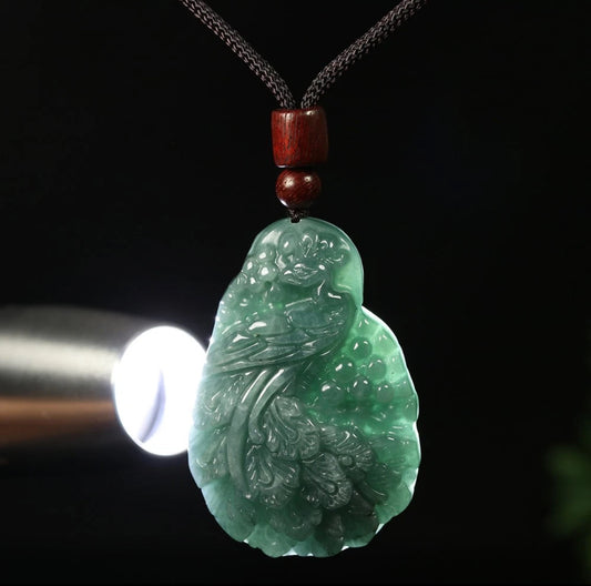 VINTAGE Certified Jadeite Green Jade Peacock Pendant w/ Adjustable Chord G270 - JazzyJewelbyAmina 