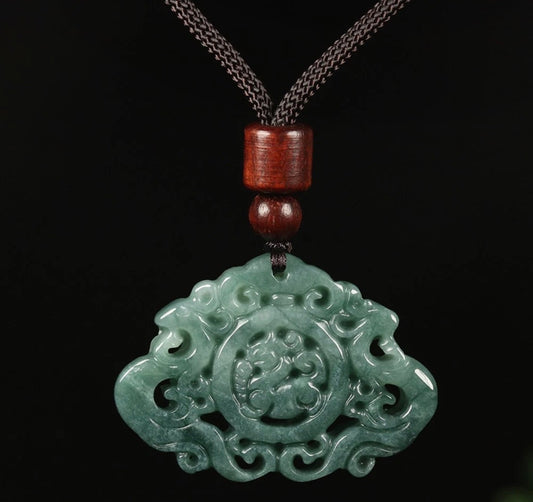 VINTAGE Certified Grade A Green 100% Natural Jadeite Jade Pendant Dragon Phoenix F915 - JazzyJewelbyAmina 