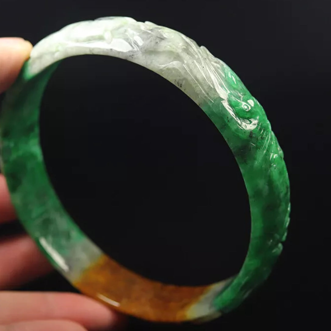 VINTAGE XXL Jadeite Green Brown Jade Handcarved Flower, Rabbit, Bird - Unique Jade Piece! Size 81mm S457 - JazzyJewelbyAmina 