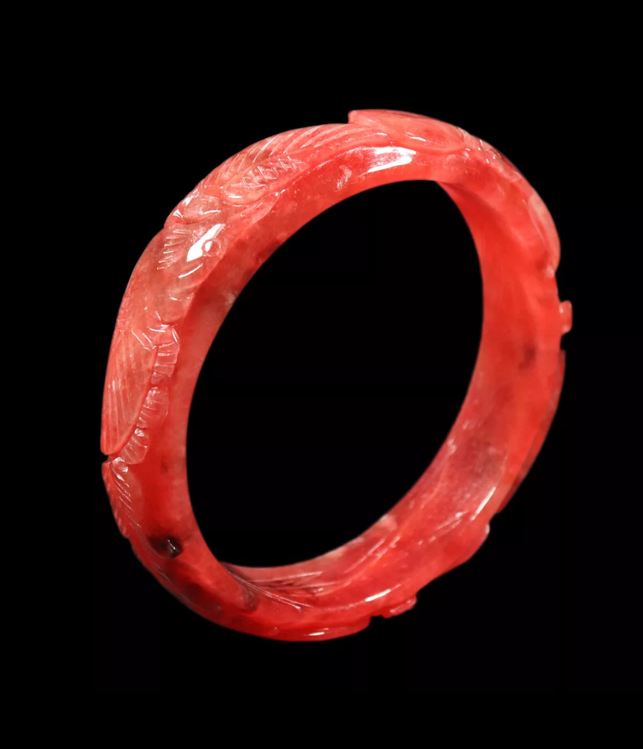 VINTAGE XL Jadeite Red Jade Bangle Handcarved Dragon Phoenix Size 65mm N425 - JazzyJewelbyAmina 