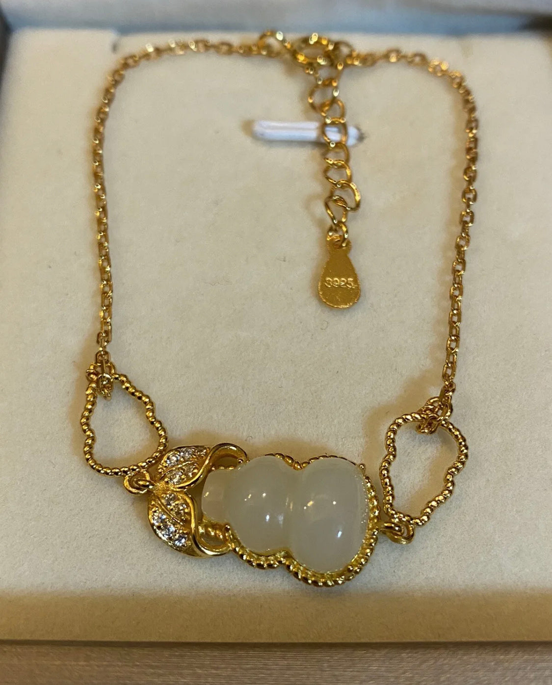 18k Gold Over Sterling Silver Hetian Yu White Jade Hulu Gourd Bracelet - JazzyJewelbyAmina 