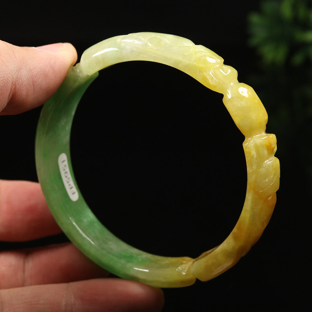 VINTAGE Large Jadeite Brown/Emerald Green Handcarved Dragon Phoenix Size 60mm J955