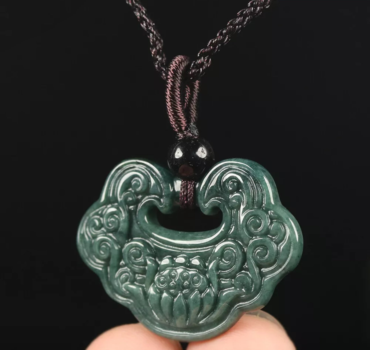 VINTAGE Jadeite Green Jade Pendant Hand Carved Lotus Flower w/ Threaded Chord M244 - JazzyJewelbyAmina 