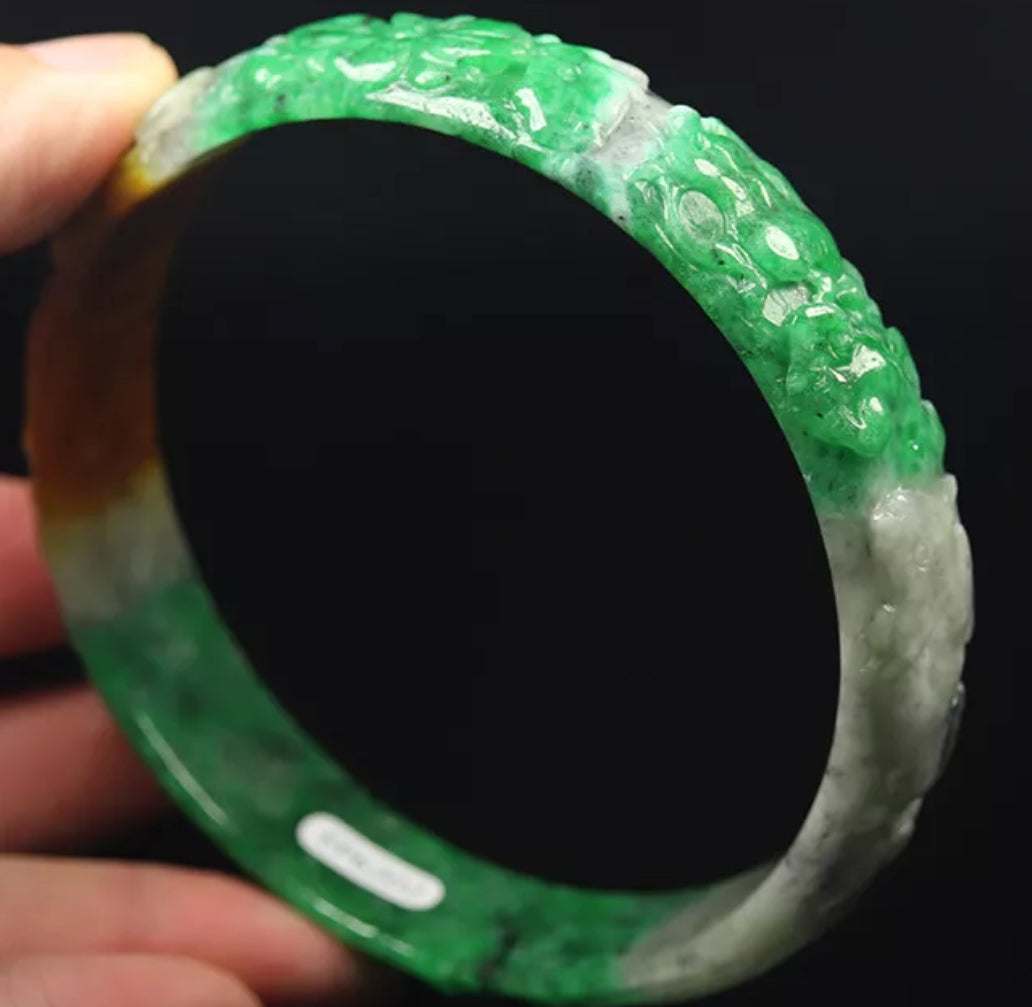 VINTAGE XXL Jadeite Green Brown Jade Handcarved Flower, Rabbit, Bird - Unique Jade Piece! Size 81mm S457 - JazzyJewelbyAmina 