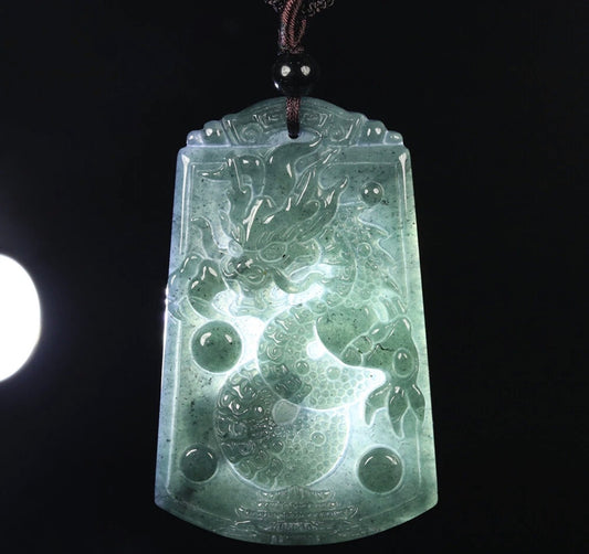 VINTAGE Oil Green Icy Jade Handcarved Dragon Pendant U719