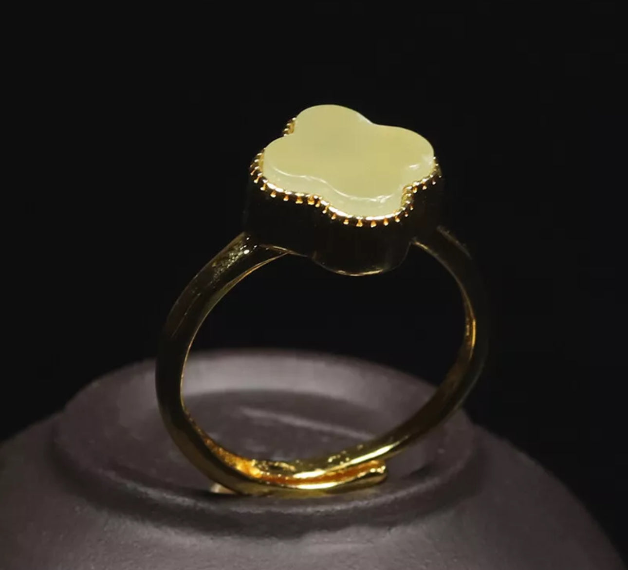 Certified Green Nephrite Jade Clover Ring Adjustable Good Plated Band - Prosperity Piece! - JazzyJewelbyAmina 