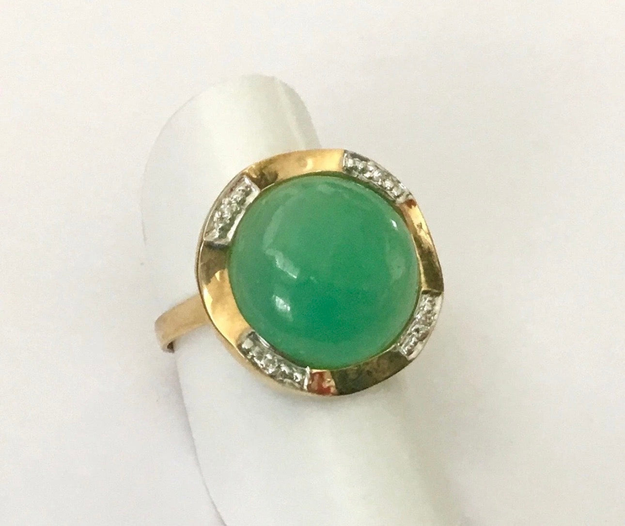VINTAGE Owned Green Jade Ring w/ Diamonds 14K Solid Gold - stamped