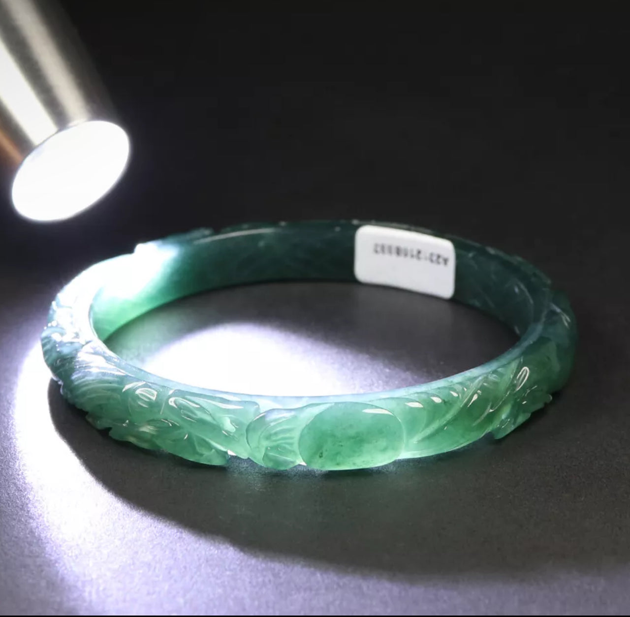 VINTAGE Large Certified Jadeite Green Jade Bangle Size 60mm HandCarved Dragone Phoenix Jade - Brings Harmony G819 - JazzyJewelbyAmina 