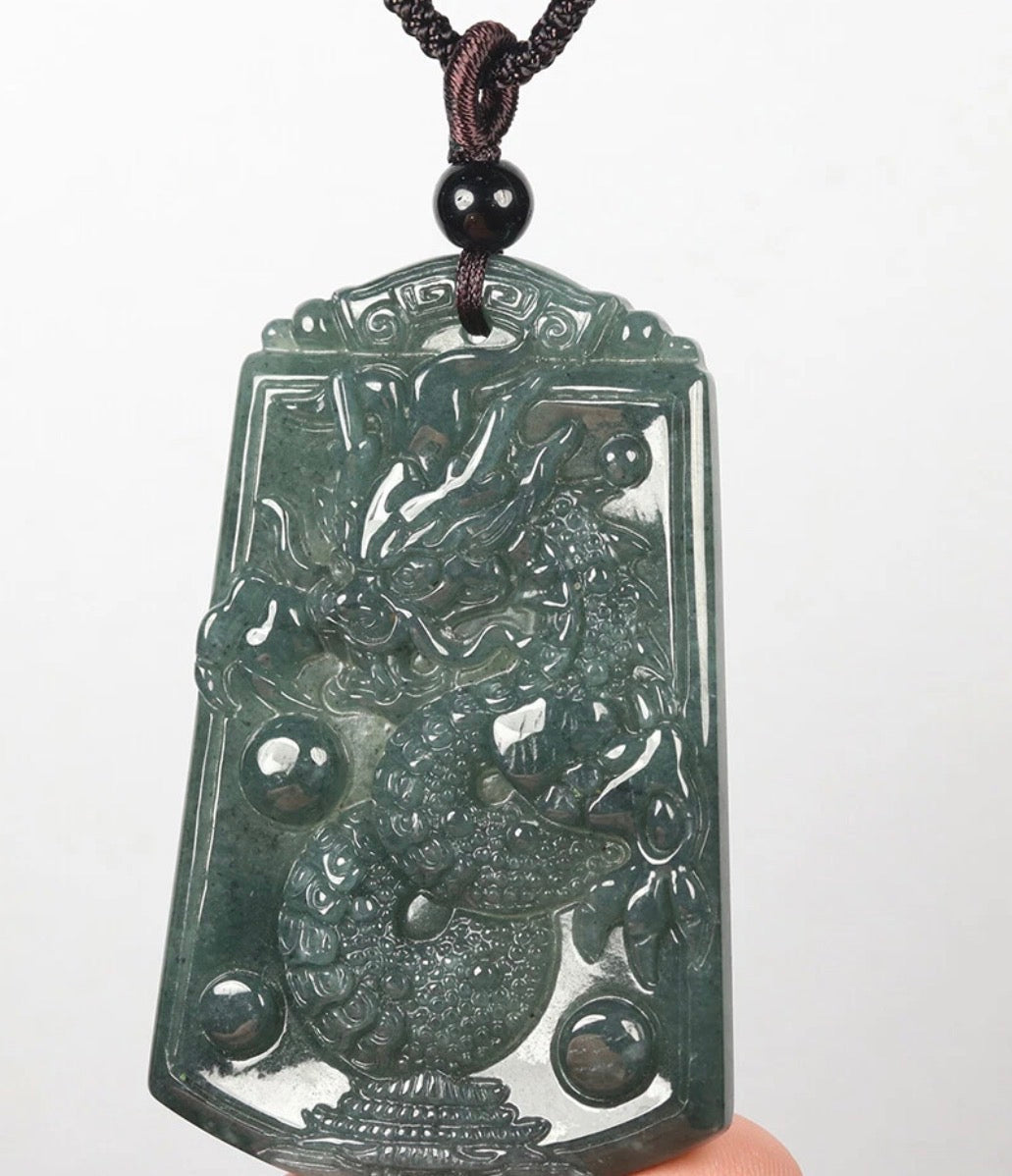 VINTAGE Oil Green Icy Jade Handcarved Dragon Pendant U719