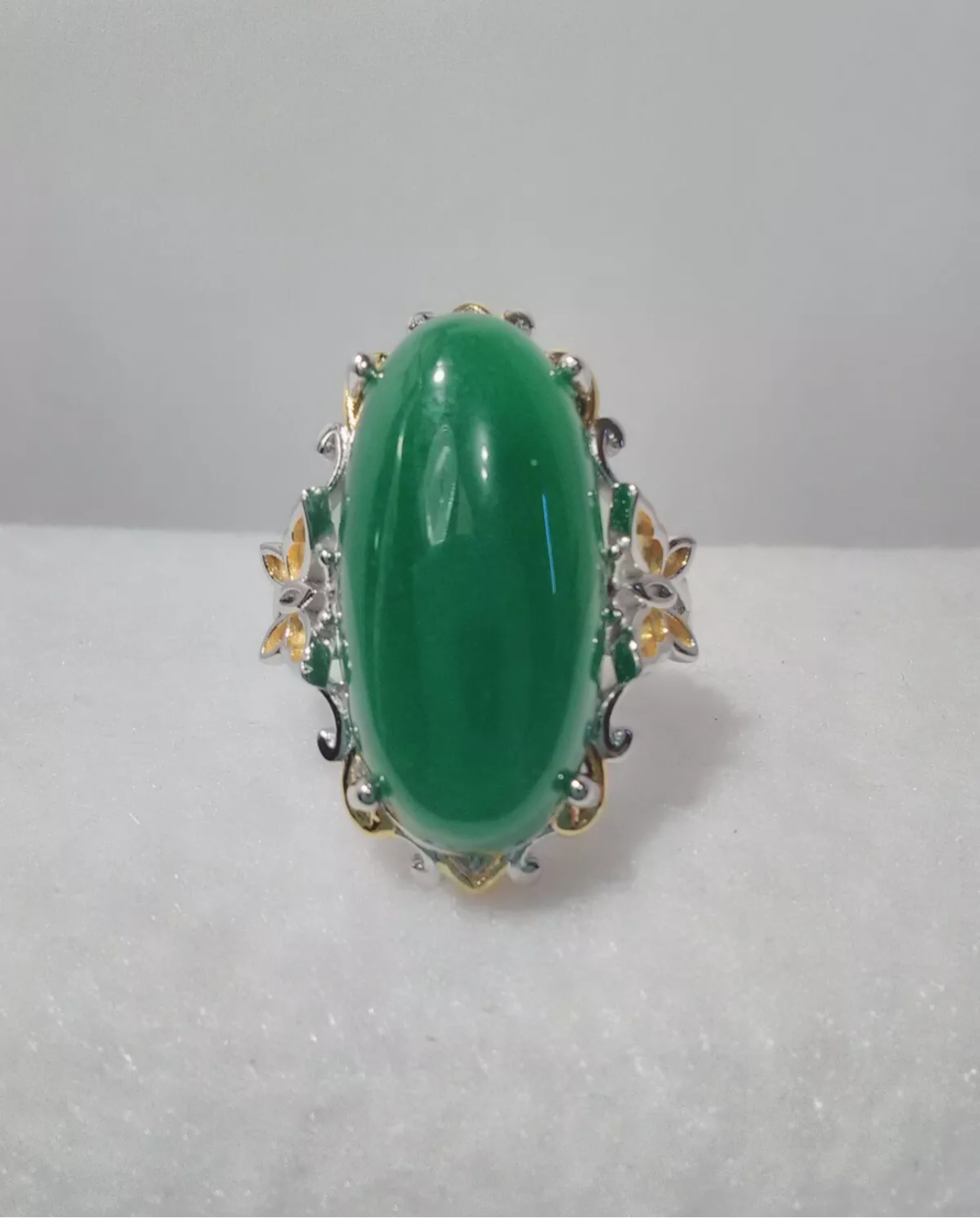 VINTAGE Jadeite Green Jade Ring Yellow Gold Vermeil Over Sterling Silver Size 5 TGW 12.65 ct - JazzyJewelbyAmina 