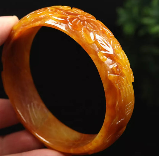VINTAGE XXL Jadeite Yellow/Brown Jade Bangle Hand Carved Dragon Phoenix from Burma Size 68 mm M771 - JazzyJewelbyAmina 
