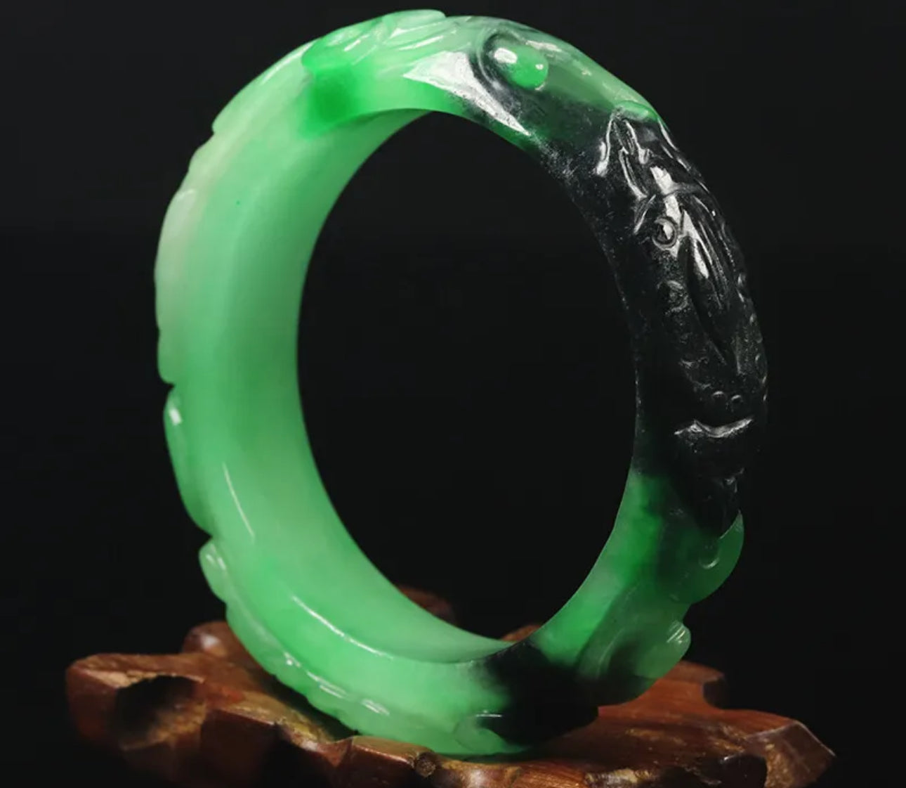 VINTAGE Small Jadeite Green/Black Jade Bangle - Handcarved Dragons Represents the Wood Dragon Chinese Lunar Year! Size 56mm F767 - JazzyJewelbyAmina 