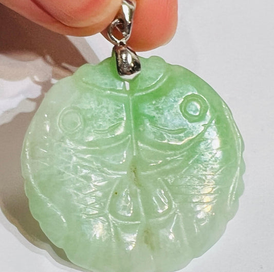 VINTAGE Owned Jadeite Green Jade Double Fish Pendant Silver Tone Bail - JazzyJewelbyAmina 