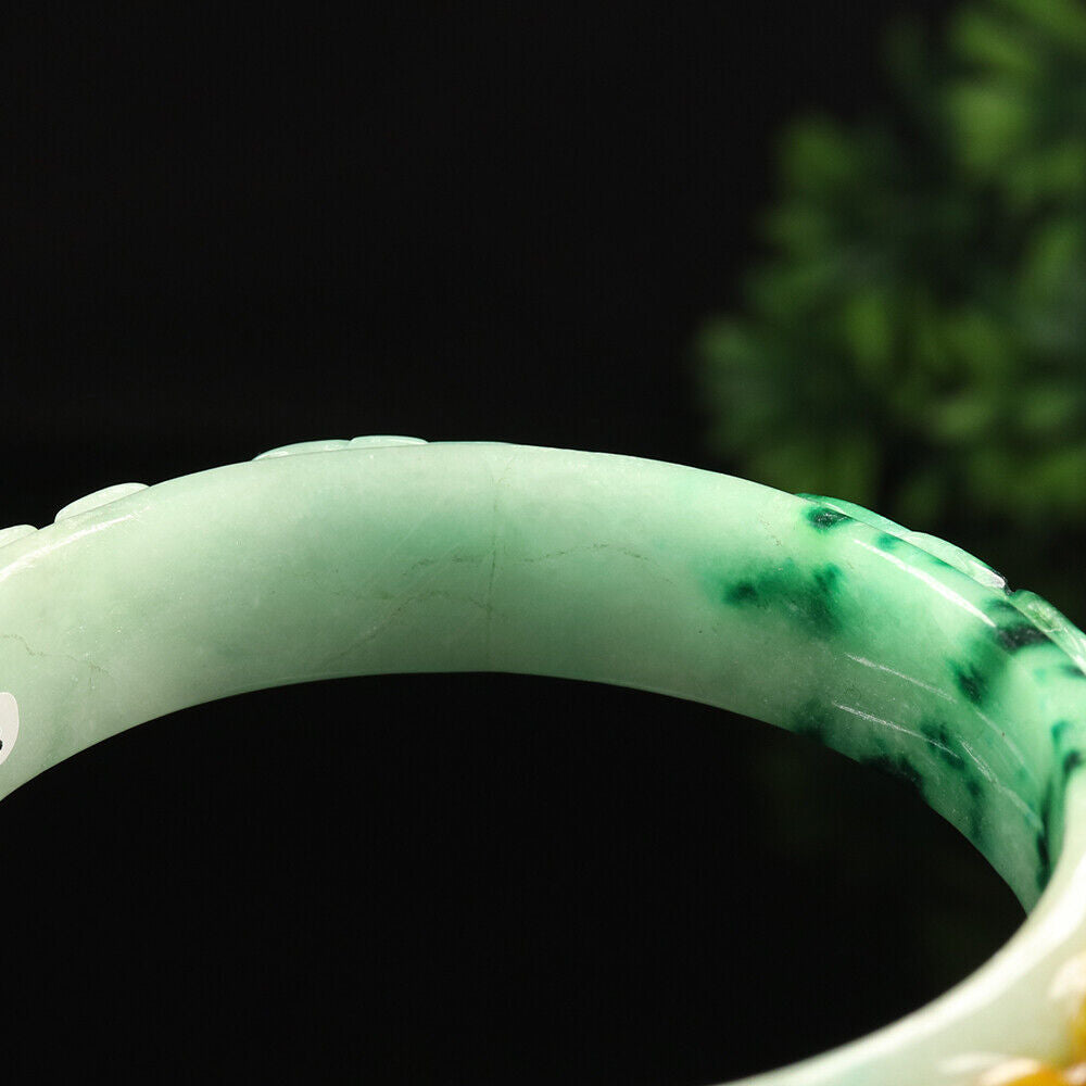 VINTAGE XXL Jadeite Green/Yelloe/White Handcarved Bangle Dragon Lotus Ruyi A449 - JazzyJewelbyAmina 