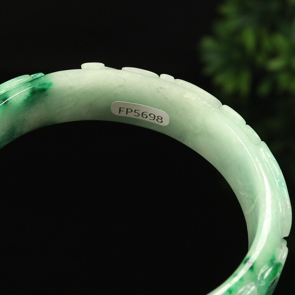 VINTAGE XXL Jadeite Green/Yelloe/White Handcarved Bangle Dragon Lotus Ruyi A449 - JazzyJewelbyAmina 
