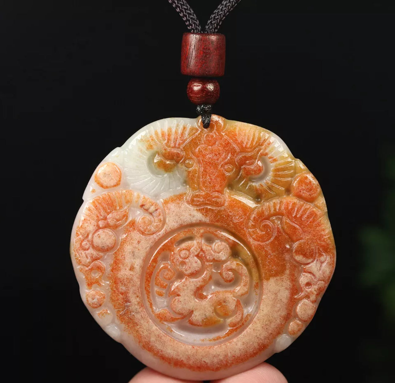 VINTAGE Red Brown Jadeite Green Jade Pendant Hand-carved Ox Dragon - Fine Unique Jade D883 - JazzyJewelbyAmina 