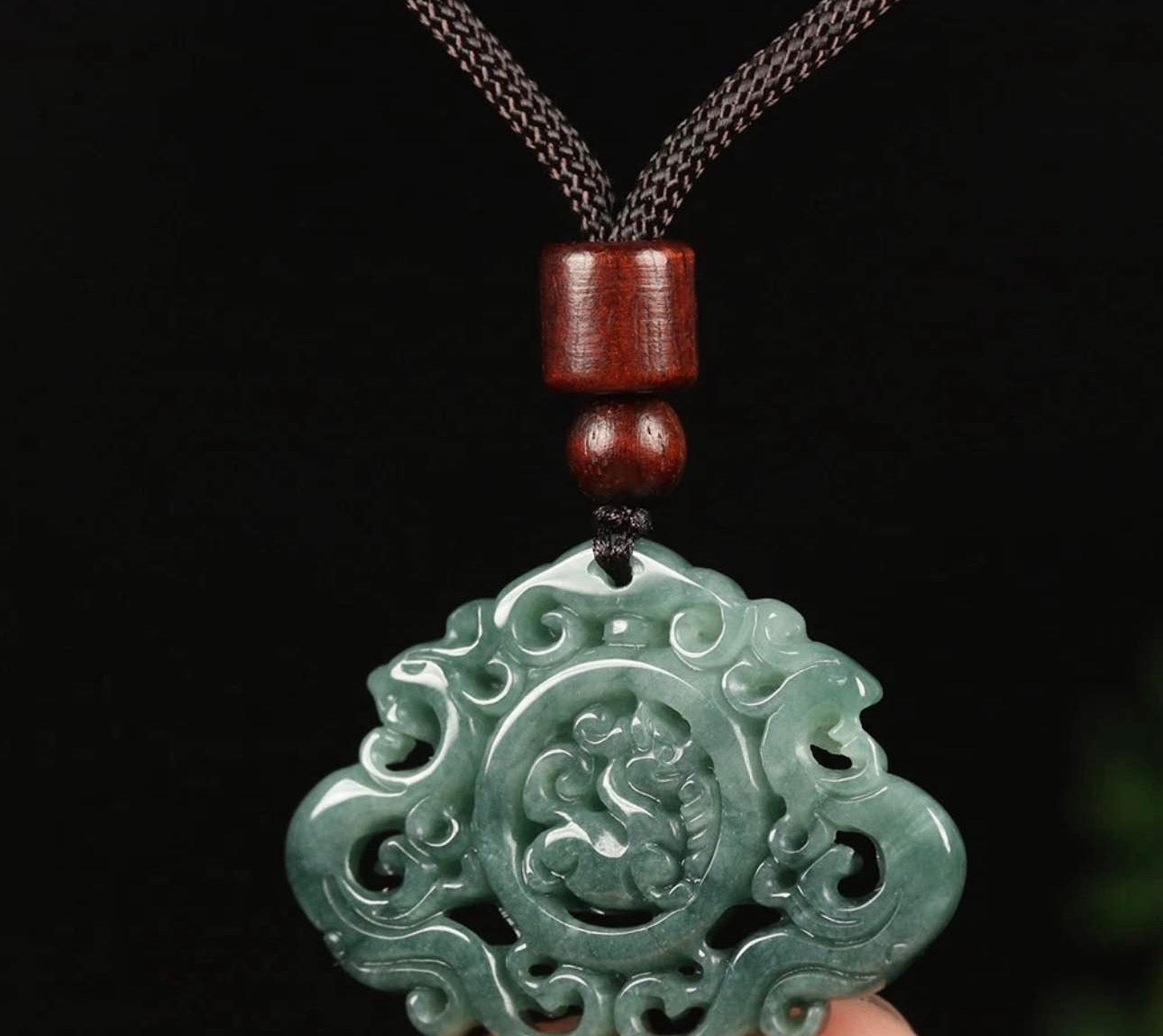 VINTAGE Certified Grade A Green 100% Natural Jadeite Jade Pendant Dragon Phoenix F915 - JazzyJewelbyAmina 