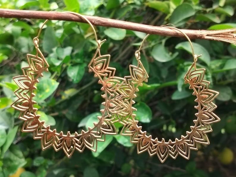 BOHO Gold Brass Earrings “Sanur” Bali Inspired Mandala Hoops - JazzyJewelbyAmina 