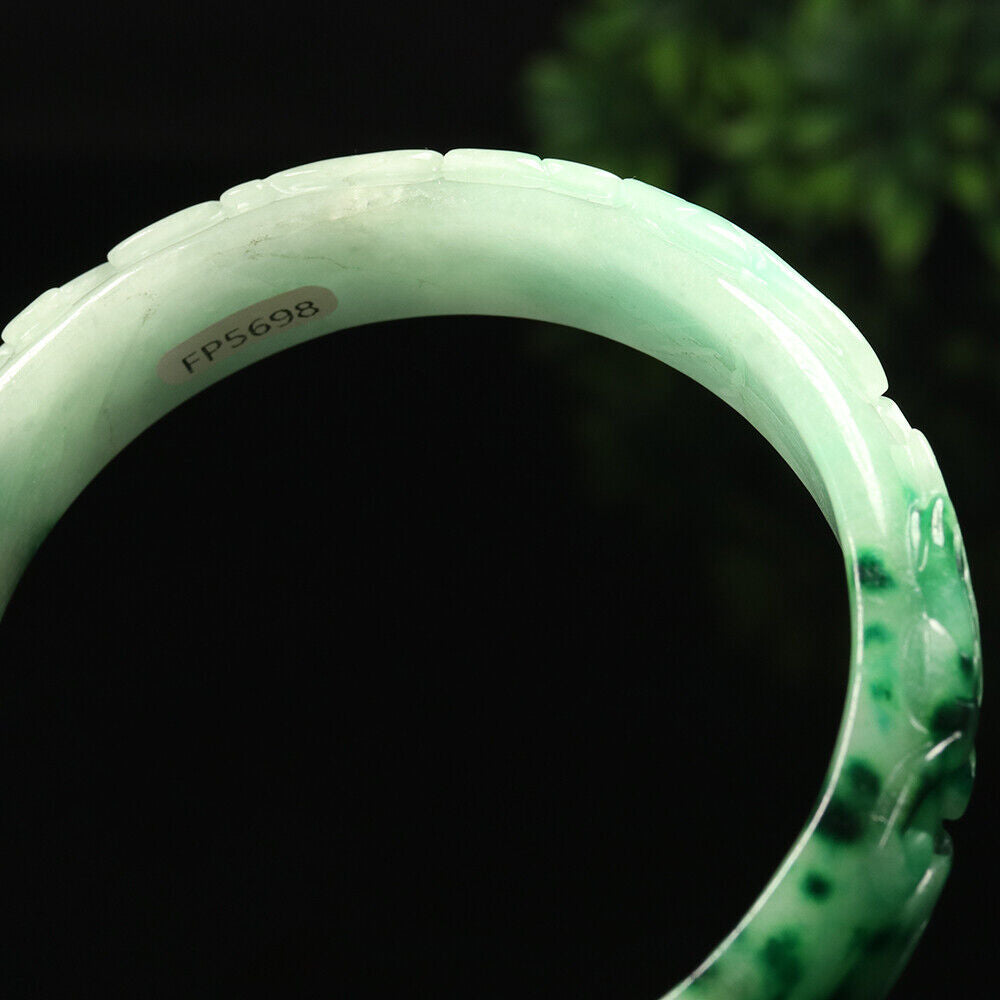 VINTAGE XXL Jadeite Green/Yelloe/White Handcarved Bangle Dragon Lotus Ruyi A449 - JazzyJewelbyAmina 