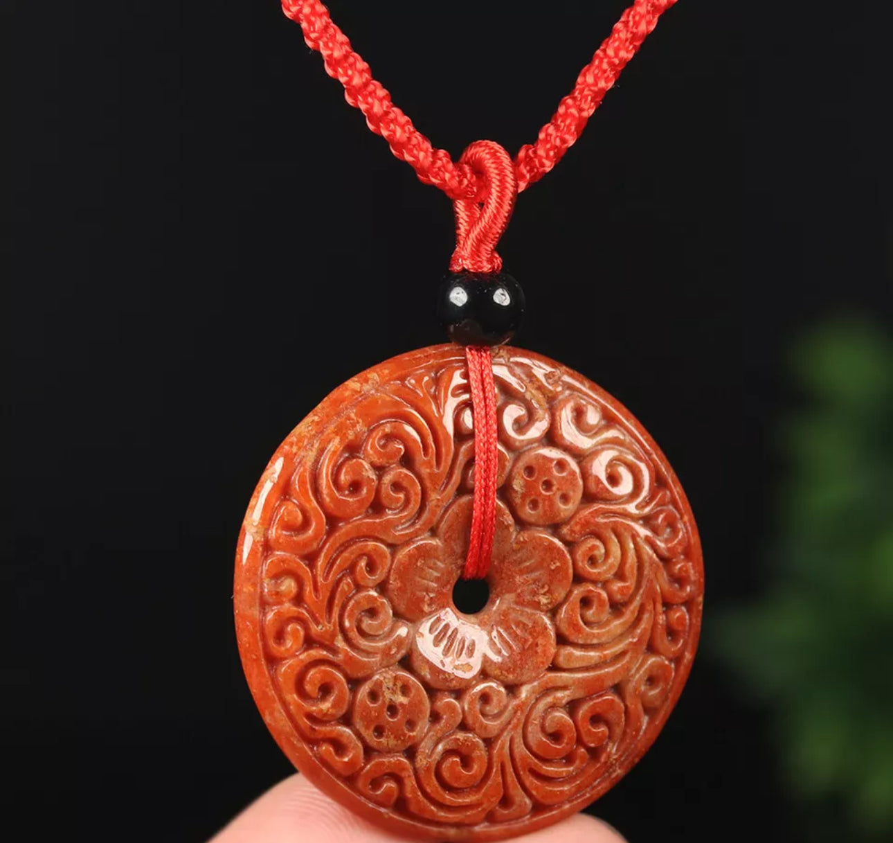 VINTAGE Jadeite Red/Brown Certified Jade Round Ruyi Flower Pendant w/ Adjustable Chord “As You Wish” J107 - JazzyJewelbyAmina 