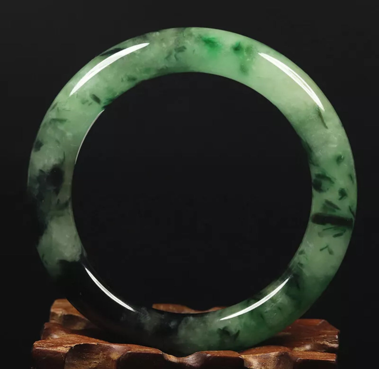 VINTAGE Medium Jadeite Green / Black Jade Bangle Size 57mm Round Princess Cut O533 - JazzyJewelbyAmina 