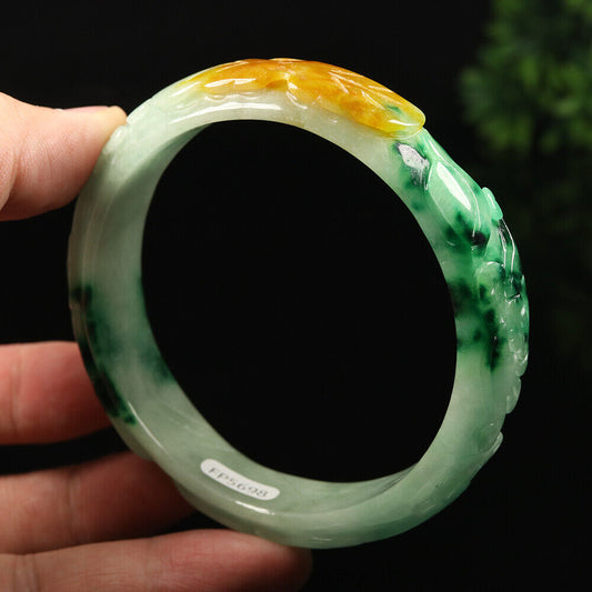 VINTAGE XXL Jadeite Green/Yelloe/White Handcarved Bangle Dragon Lotus Ruyi A449 - JazzyJewelbyAmina 