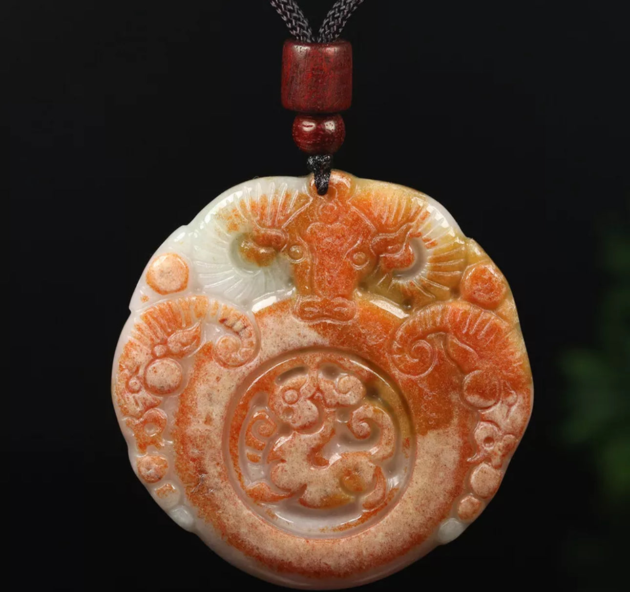 VINTAGE Red Brown Jadeite Green Jade Pendant Hand-carved Ox Dragon - Fine Unique Jade D883 - JazzyJewelbyAmina 