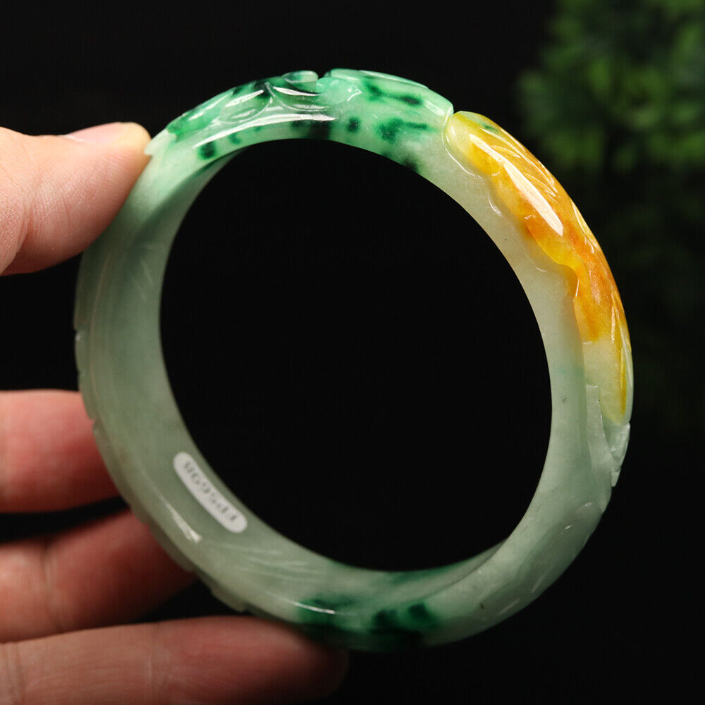 VINTAGE XXL Jadeite Green/Yelloe/White Handcarved Bangle Dragon Lotus Ruyi A449 - JazzyJewelbyAmina 