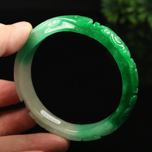 VINTAGE XL Jadeite Green/White Handcarved Bat Ruyi Lotus Jade Bangle - Ombré Jade Shades “As You Wish” Size 64mm F425 - JazzyJewelbyAmina 