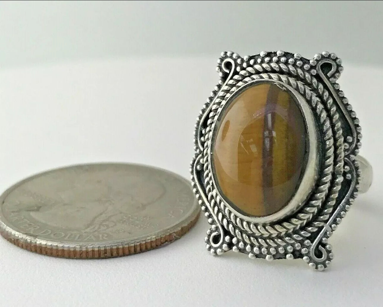 VINTAGE Tiger’s Eye Cabochon Ring Sterling Silver 925 Size 6 US