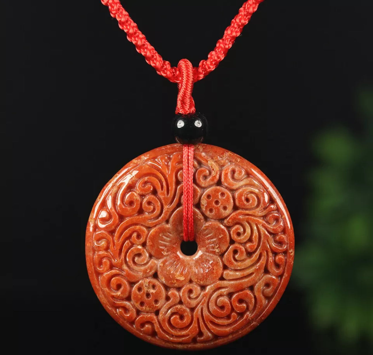 VINTAGE Jadeite Red/Brown Certified Jade Round Ruyi Flower Pendant w/ Adjustable Chord “As You Wish” J107 - JazzyJewelbyAmina 