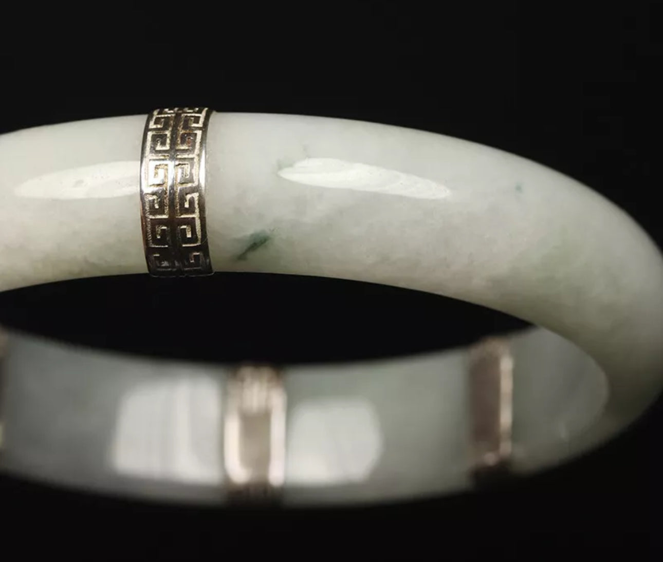 VINTAGE XL Jadeite Certified Jade Bangle Sterling Silver Clips Size 64mm Unique Jade Piece! L456 - JazzyJewelbyAmina 