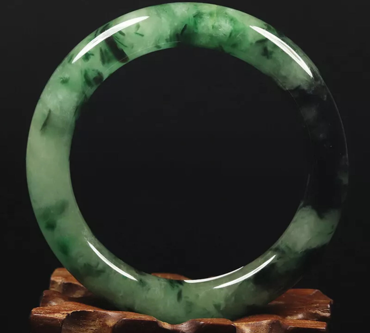 VINTAGE Medium Jadeite Green / Black Jade Bangle Size 57mm Round Princess Cut O533 - JazzyJewelbyAmina 