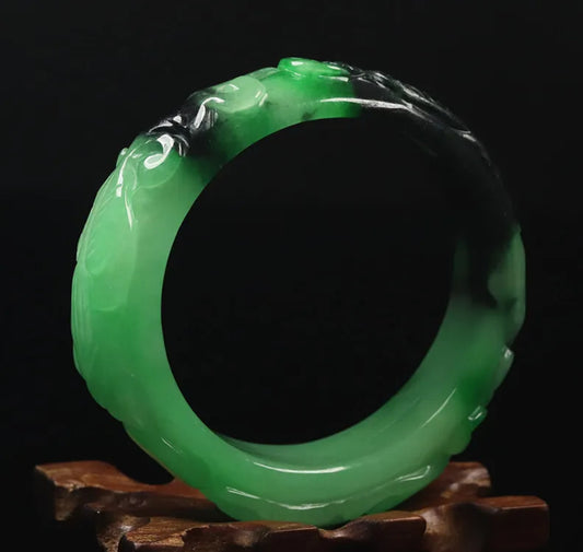 VINTAGE Small Jadeite Green/Black Jade Bangle - Handcarved Dragons Represents the Wood Dragon Chinese Lunar Year! Size 56mm F767 - JazzyJewelbyAmina 