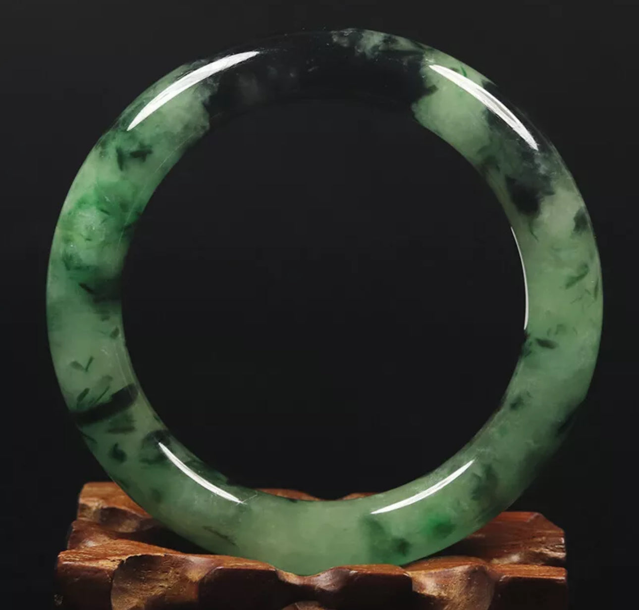 VINTAGE Medium Jadeite Green / Black Jade Bangle Size 57mm Round Princess Cut O533 - JazzyJewelbyAmina 