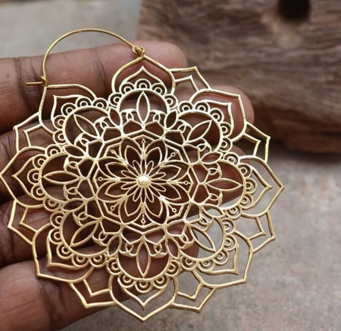 Handmade Boho Gold Brass Floral Mandala Earrings - XL Oversized - JazzyJewelbyAmina 