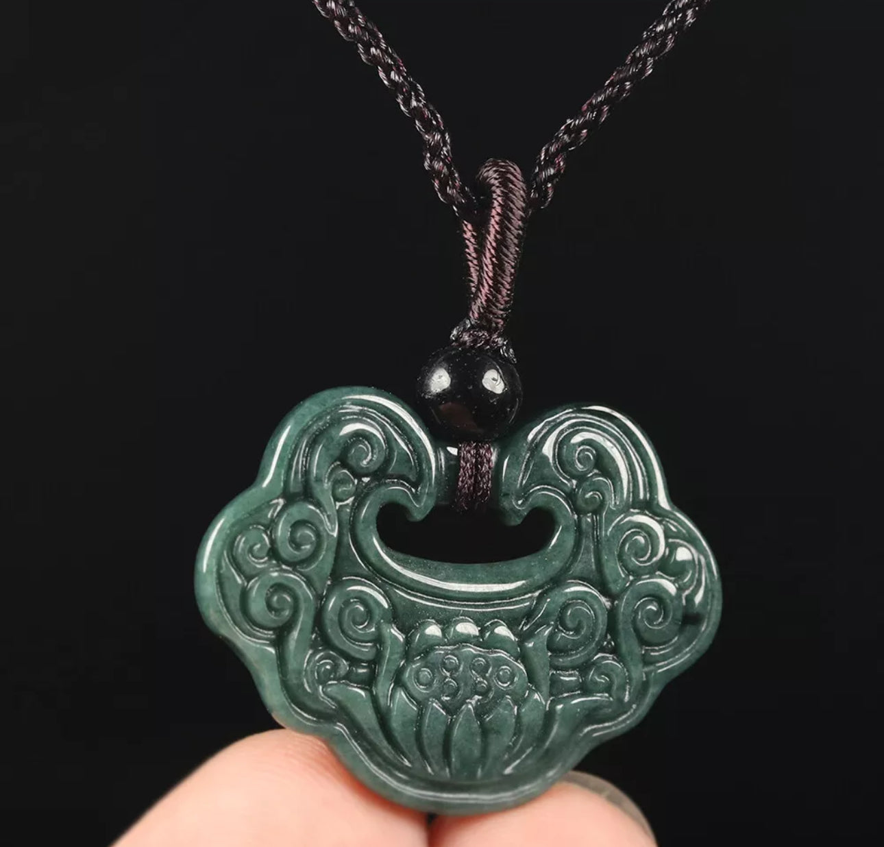 VINTAGE Jadeite Green Jade Pendant Hand Carved Lotus Flower w/ Threaded Chord M244 - JazzyJewelbyAmina 