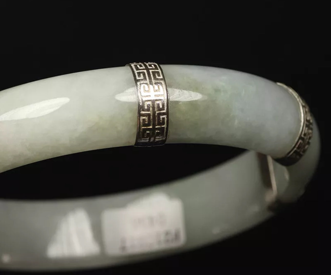 VINTAGE XL Jadeite Certified Jade Bangle Sterling Silver Clips Size 64mm Unique Jade Piece! L456 - JazzyJewelbyAmina 