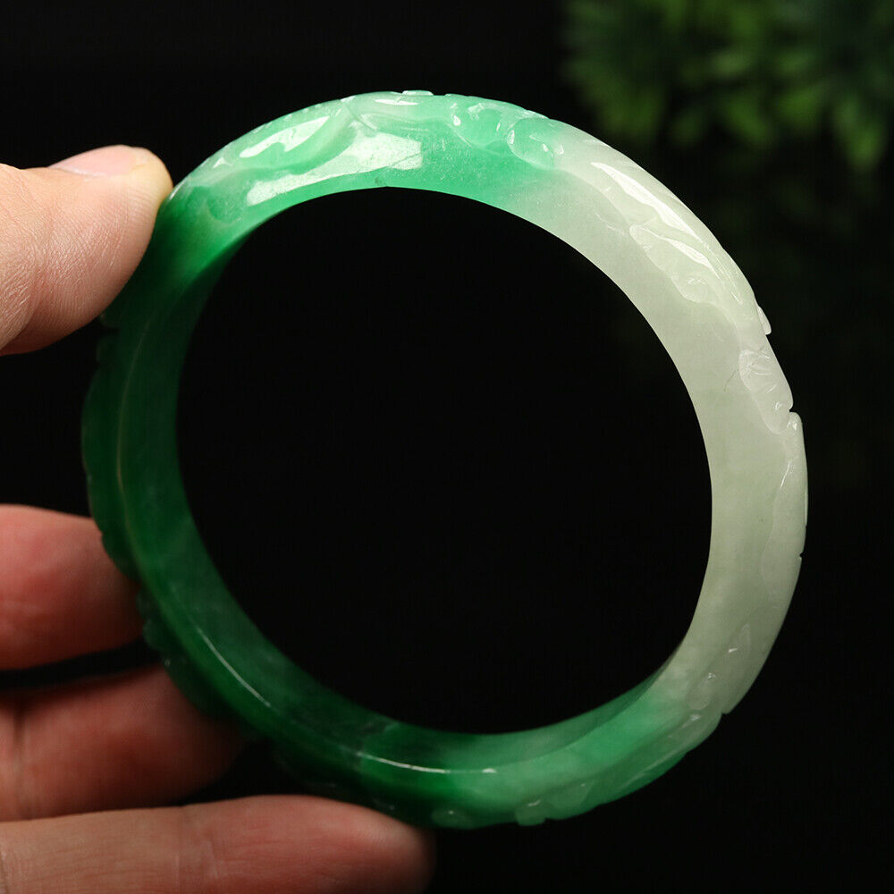 VINTAGE XL Jadeite Green/White Handcarved Bat Ruyi Lotus Jade Bangle - Ombré Jade Shades “As You Wish” Size 64mm F425