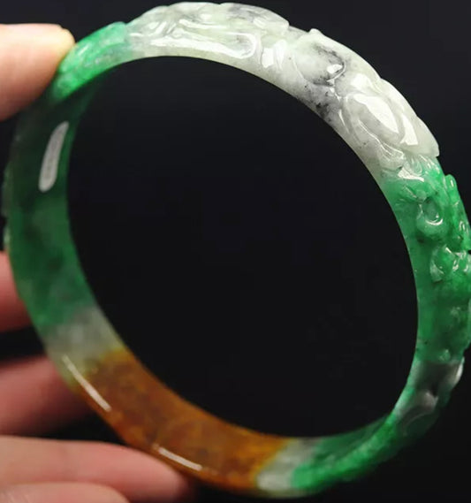 VINTAGE XXL Jadeite Green/Brown/White Bangle Hand-Carved Flower Rabbit Bird Bangle - Unique Grade A Jade! G202 - JazzyJewelbyAmina 