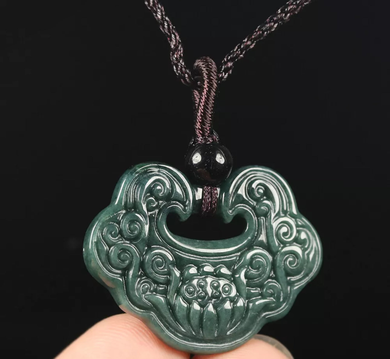 VINTAGE Jadeite Green Jade Pendant Hand Carved Lotus Flower w/ Threaded Chord M244 - JazzyJewelbyAmina 